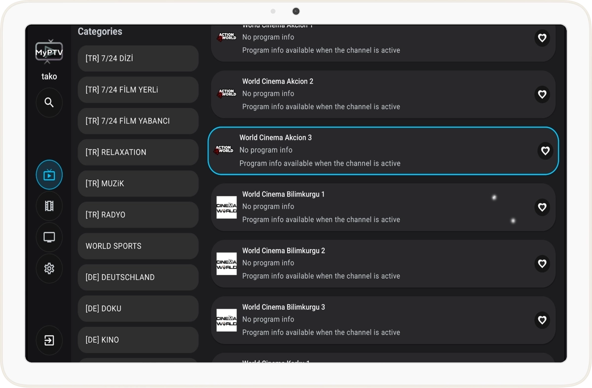 MyPTV IPTV Player on Android tablet showing the channel browser with categories sidebar.