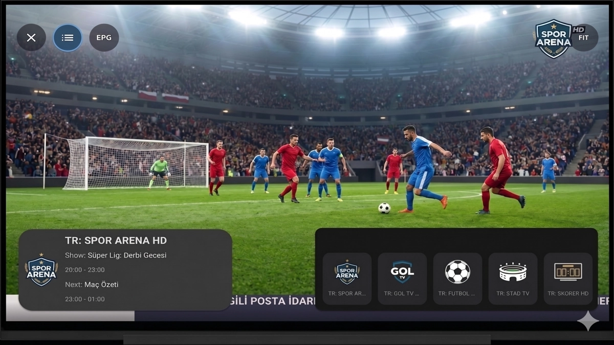MyPTV IPTV Player on Android TV showing a live football match in full-screen with EPG and channel strip.