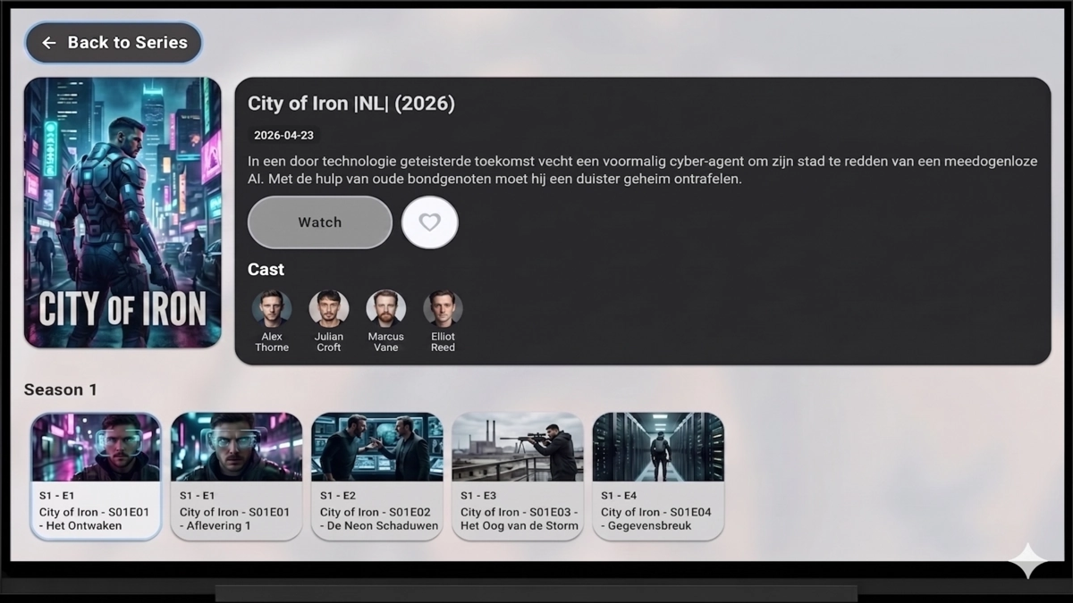 MyPTV IPTV Player on Google TV showing series detail with cast, episodes, and season list.