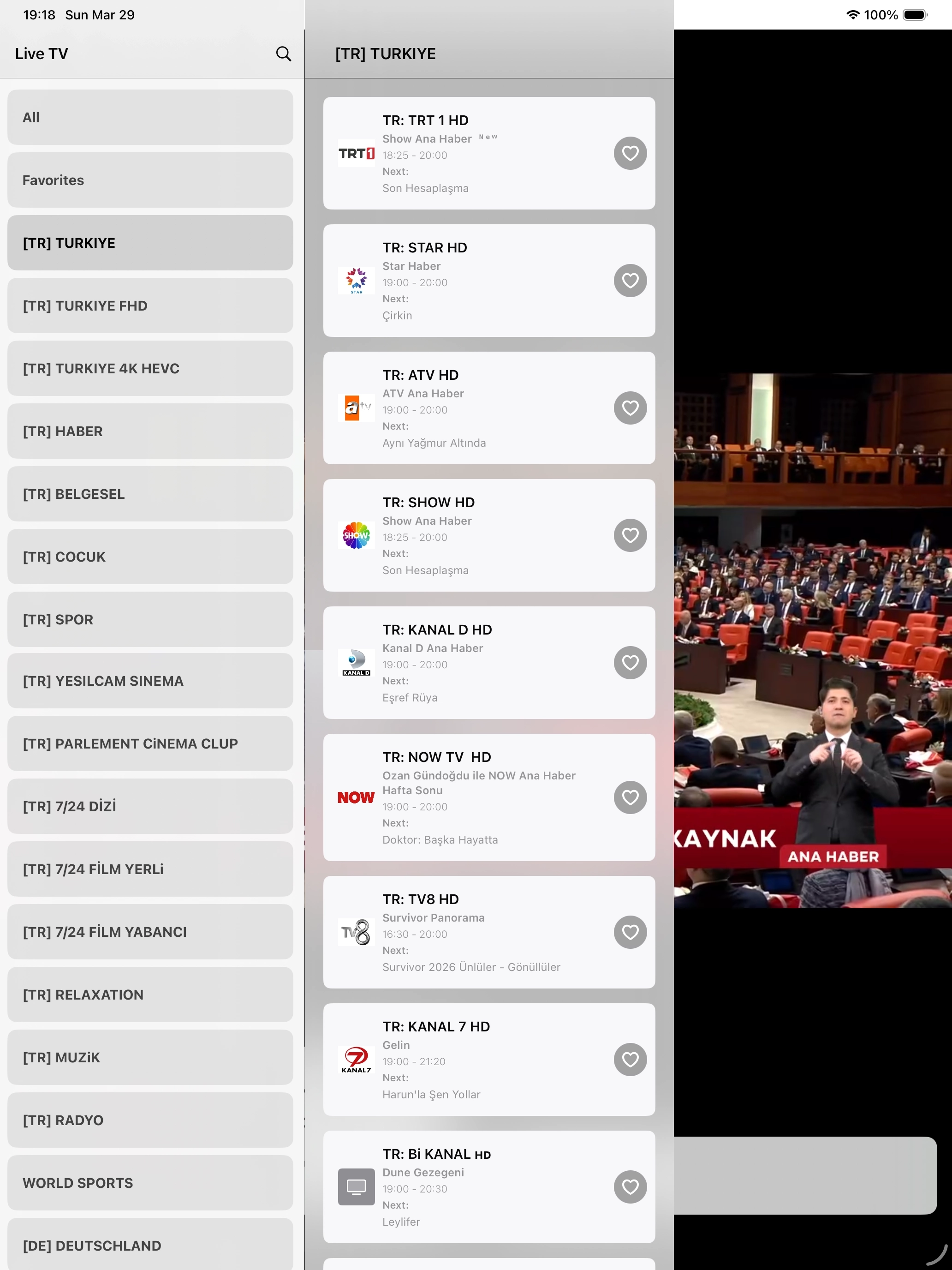 MyPTV IPTV Player on iPad showing the playlist overview.