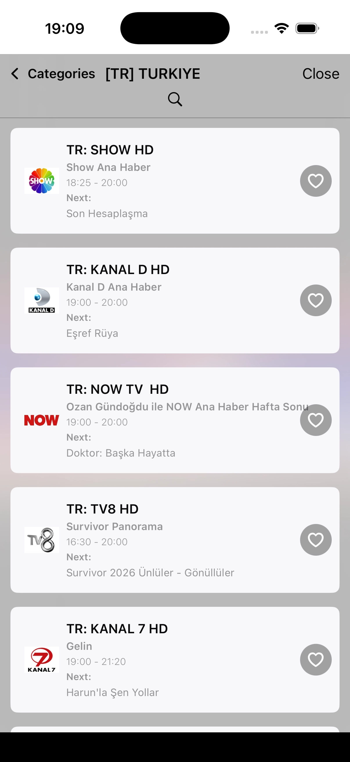 MyPTV IPTV Player on iPhone showing the main channel browser.