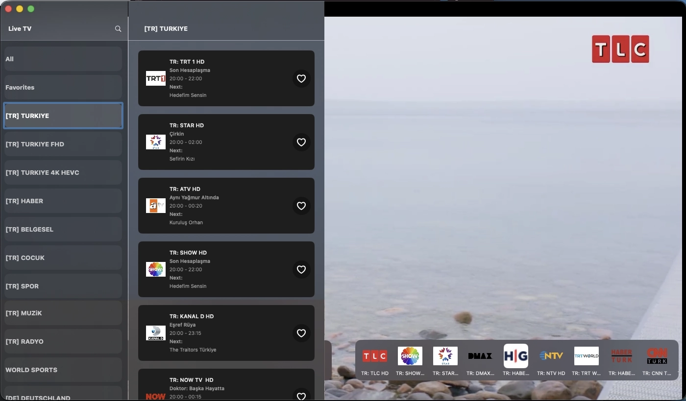 MyPTV IPTV Player on macOS showing the main desktop dashboard.