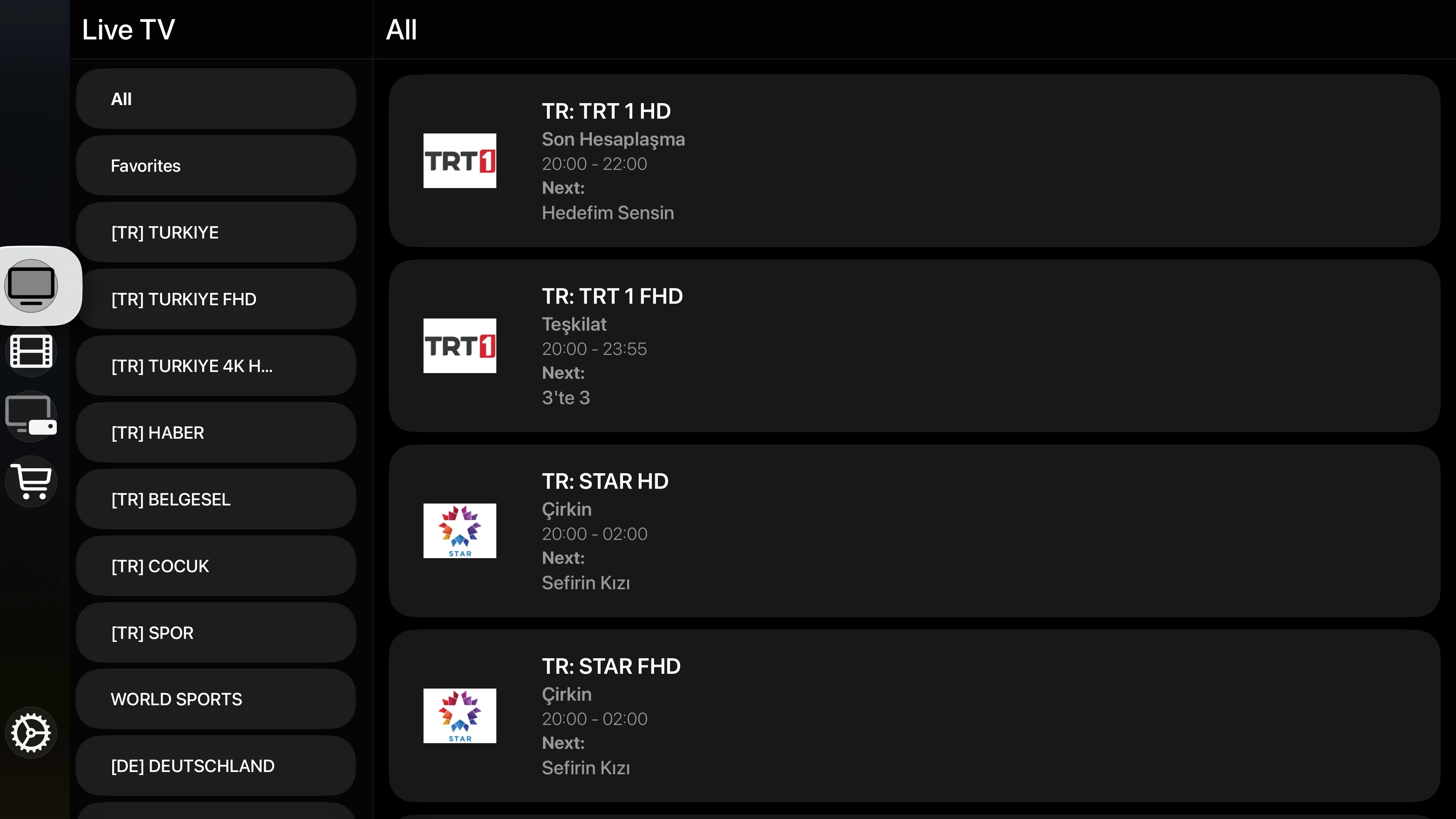 MyPTV IPTV Player on Apple TV showing the home screen experience.